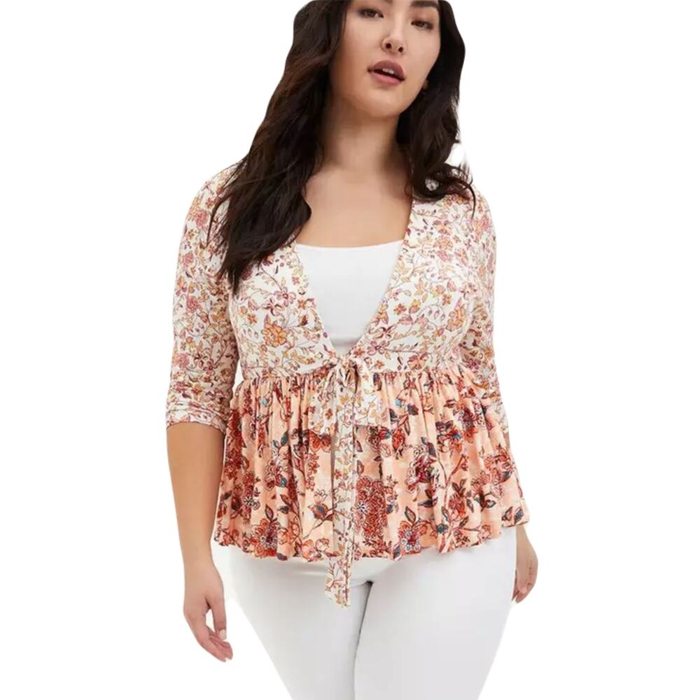 NWOT TORRID Top Cardigan 1X Floral Peach Coral Knit Bow-Tie V Flounce Baby-Doll